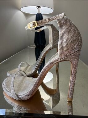 Stuart Weitzman Silver Glitter Ankle-Strap Stiletto Heels